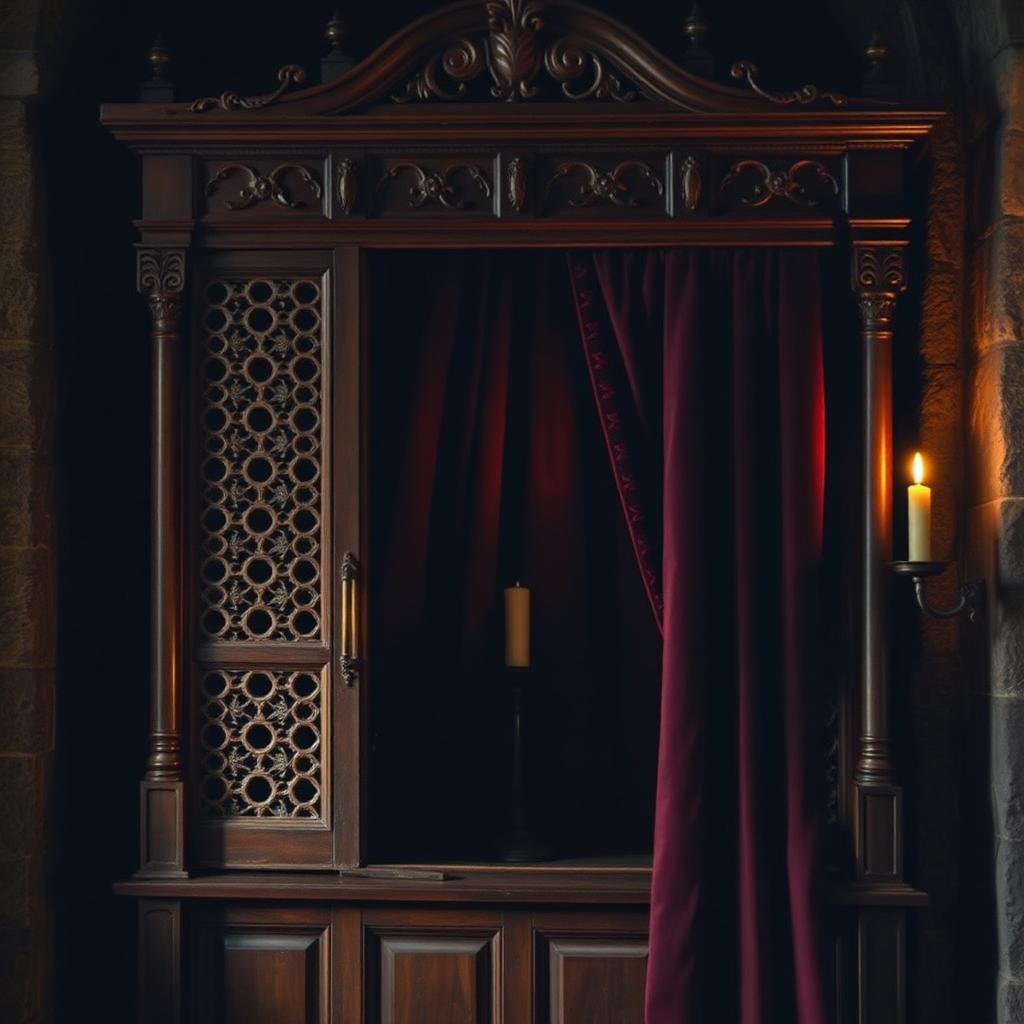 An ornate wooden confessional booth in a candlelit stone chapel