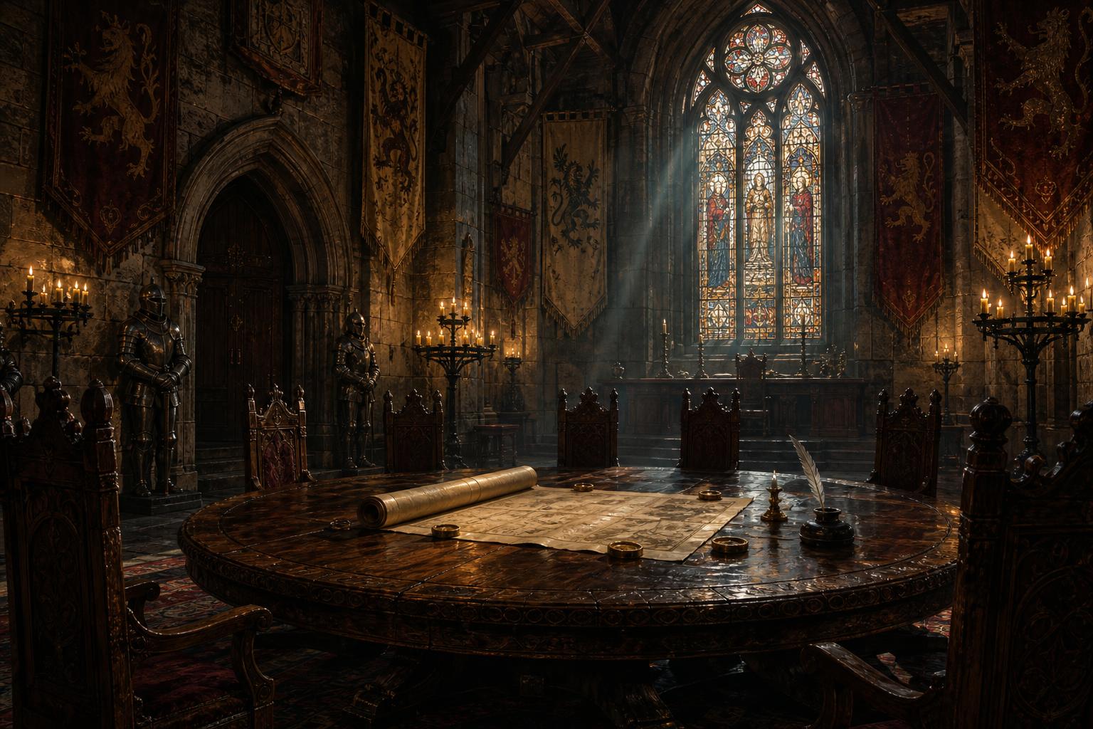 Painted interior of the Keep's charter hall: a vast stone chamber with a heavy carved oak round table at center bearing an unfurled vellum charter weighted with brass seals, heraldic banners overhead, ceremonial armor flanking a heavy door, light streaming through a tall heraldic stained-glass window.