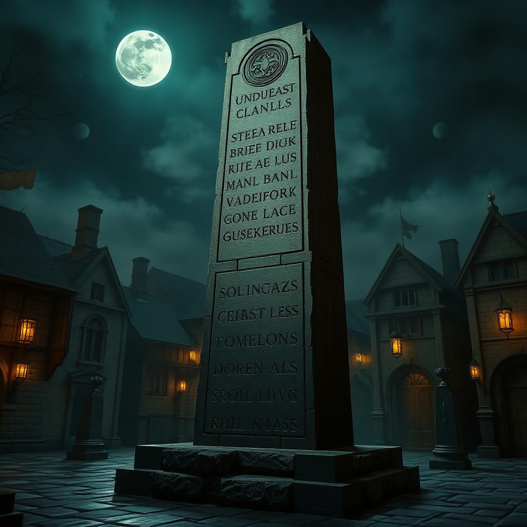 A tall standing stone monolith in a moonlit town square, carved with names