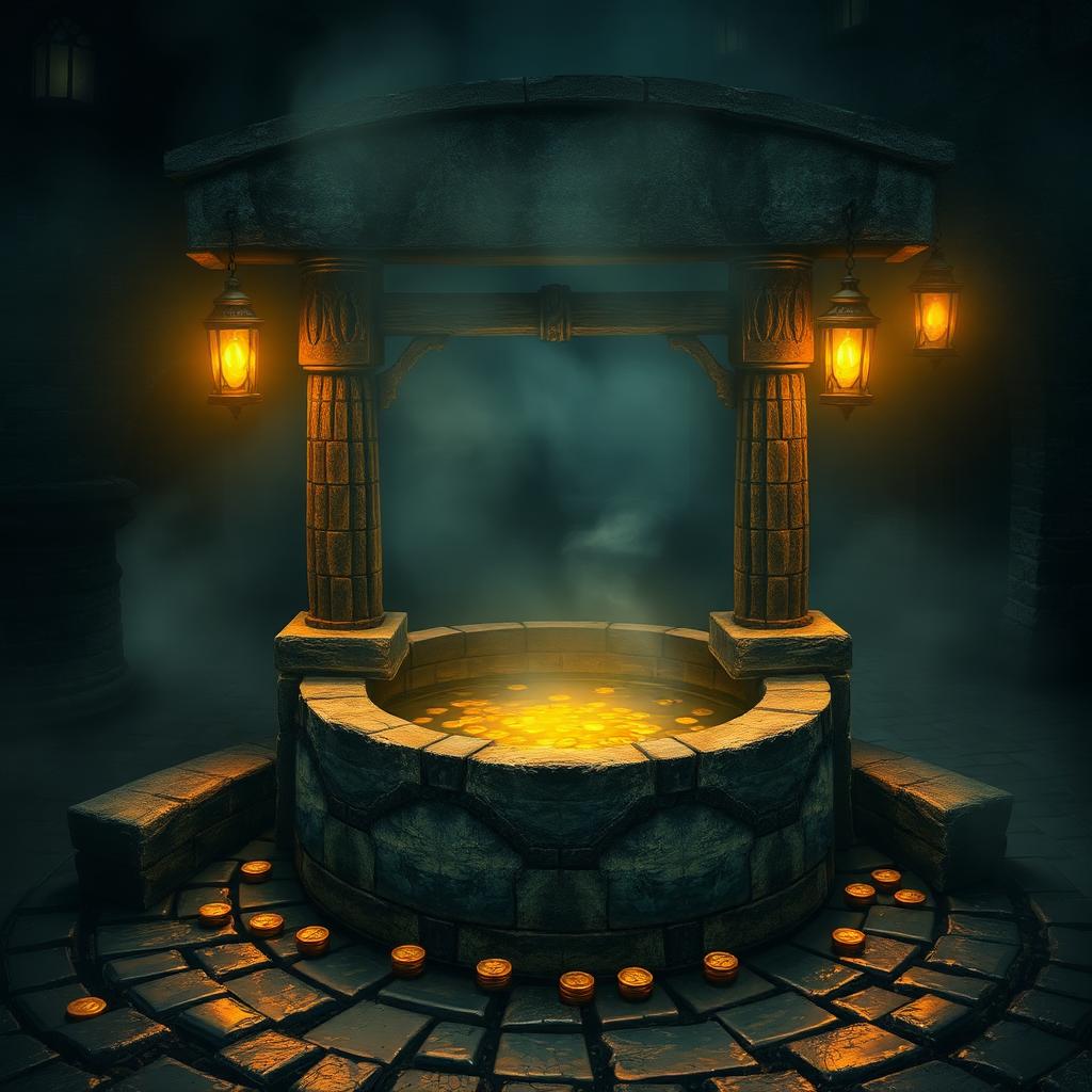 Stone wishing well lit by lanterns at night